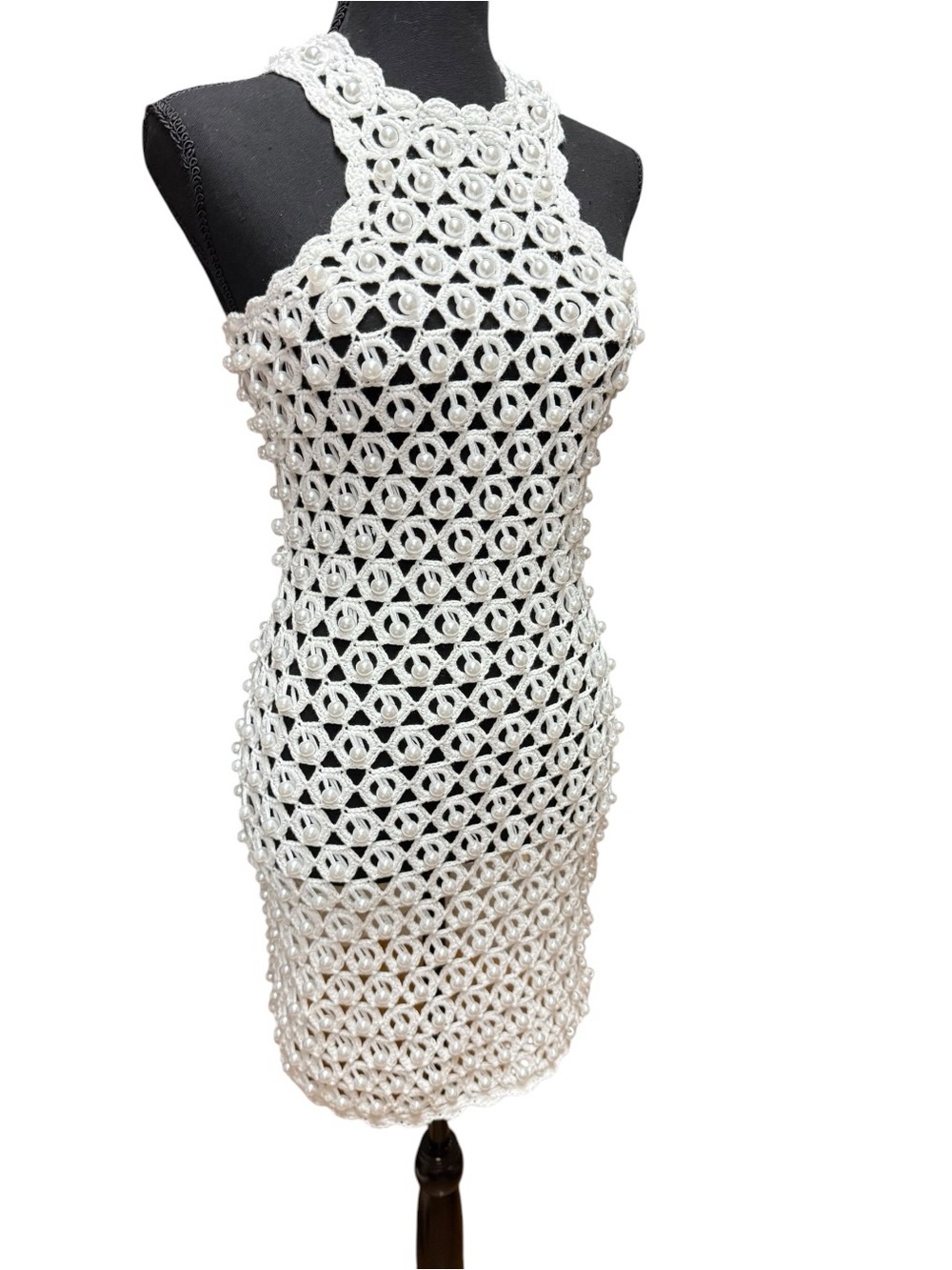 NovaLuxe Crochet Halter Faux Pearl Mini Dress Cover up White XS - Picture 4 of 11